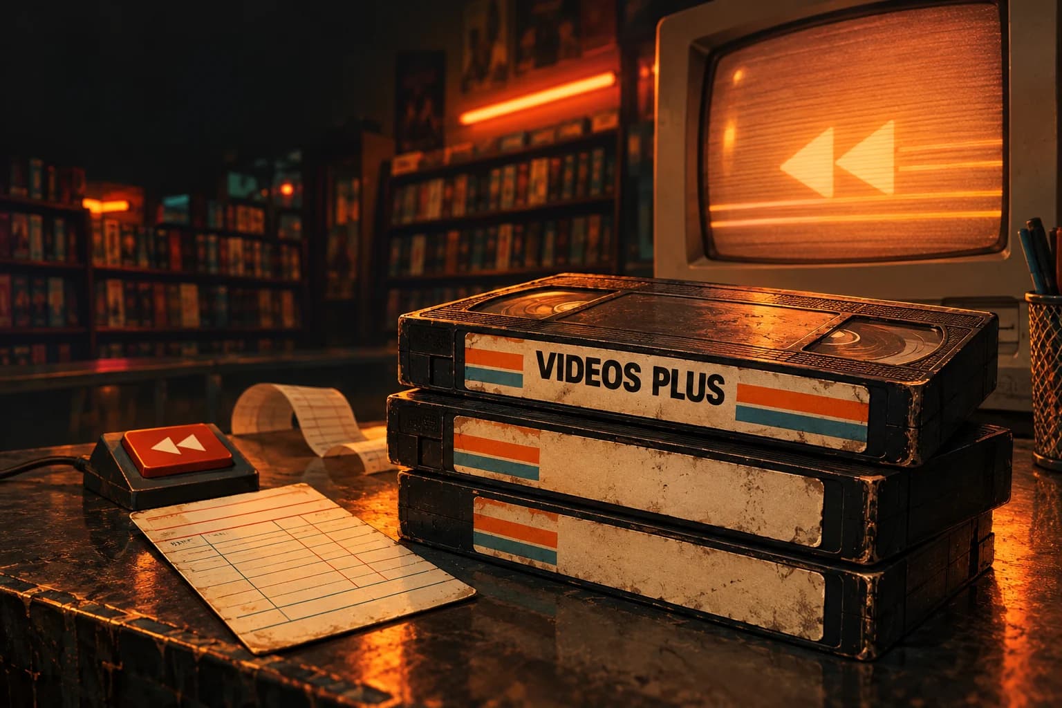 Illustrated VHS tapes and a glowing television on a video-store counter